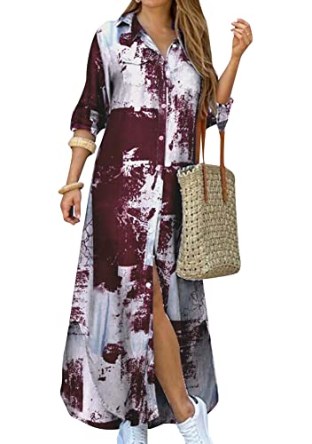 Yming Damen Casual Aufgerollte Ärmeln Kleid Revers Kragen Hemden Kleid Maxi Kleider Tie Dye Rot M von Yming