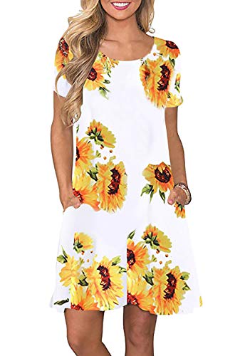 Yming Damen Casual Blumendruck Kleid Lose Kurzarm Kleid mit Taschen Weiß Sonnenblume 5XL von Yming