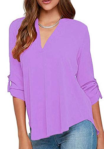 Yming Damen Casual Blusen V-Ausschinit Shirts mit Bündchen Lose Halber Ärmel Shirt Hellviolett XXXL von Yming