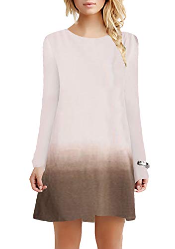 Yming Damen Casual Blusenkleid Rundhals Freizeitkleid Langarm Farbverlauf Kleid Beige XXL/DE 44 von Yming