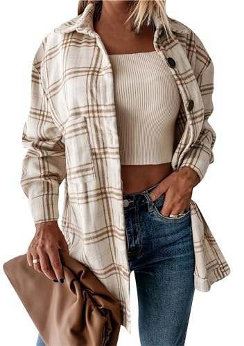 Yming Damen Casual Button Down Plaid Shirt Langarm Vintage Bluse mit Tasche Light Cafe L von Yming