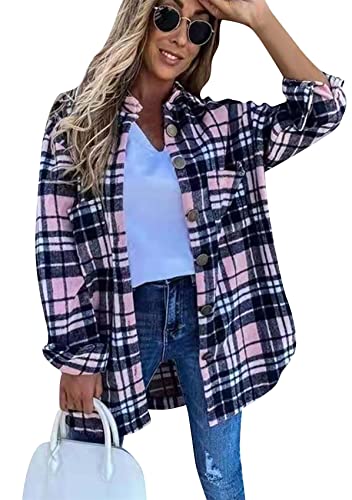 Yming Damen Casual Button Down Revers Shirt Langarm Bluse Holzfällerjacke mit Tasche Schwarz Rosa XXL von Yming