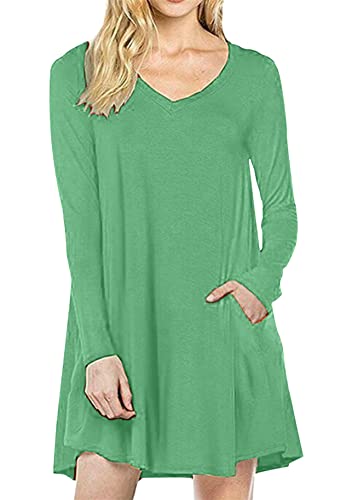 Yming Damen Casual Einfatbig Kleid Freizeit Langarm Kleid Swing Minikleid Hellgrün XL von Yming