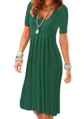 Yming Damen Casual Faltenkleider Rundhals Kleid Kurzarm Sommerkleid Grün L von Yming