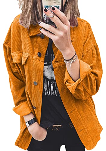 Yming Frauen Einfarbige Cord Shirt Roll Up Manschette Shirt Vintage Cardigan Gelb L von Yming