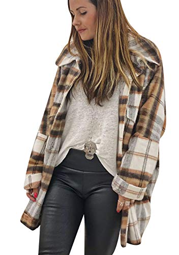 Yming Damen Casual Holzfällerjacke Plaid Mantel Vintage Langarm Holzfällerhemd Button-down Karierte Bluse Braun Kariert XL von Yming