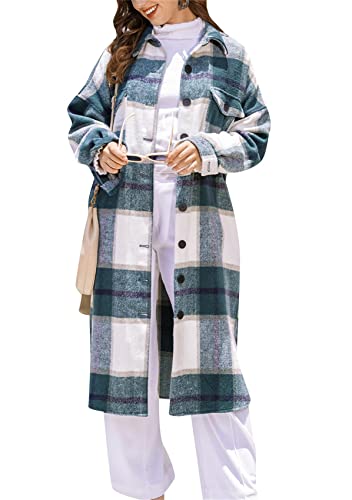 Yming Frauen Side Schlitz Plaid Long Cardigan Langarm Knopf Revers Jacke Loose Flanell Mantel Für Winter Dunkelgrün M von Yming