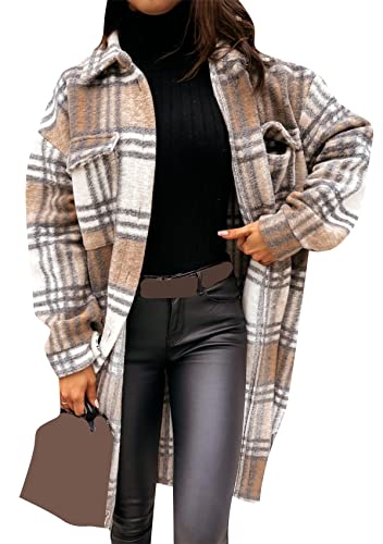 Yming Damen Tartan Wintermantel Mit Taschen Ausgebeult Revers Taste Shackets Langarm Casual Karo Jacke Grau Braun XXL von Yming