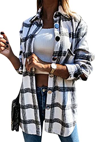 Yming Damen Casual Plaid Bluse mit Tasche Button Down Shirt Langarm Holzfällerjacke Schwarz Weiß 3XL von Yming