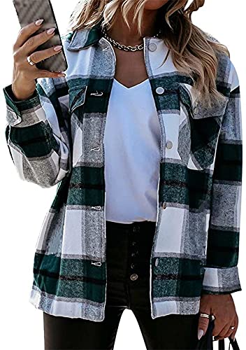 Yming Frauen Casual Plaid Jacke Soft Button Down Bluse Tops Langarm Mode Bluse Shirts Taschen Shirts Mantel Grün Gitter L von Yming