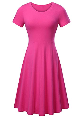 Yming Damen Casual Knielang Kleid Vintage Kurzarm Kleid Einfarbig Skater Kleid Rose M von Yming