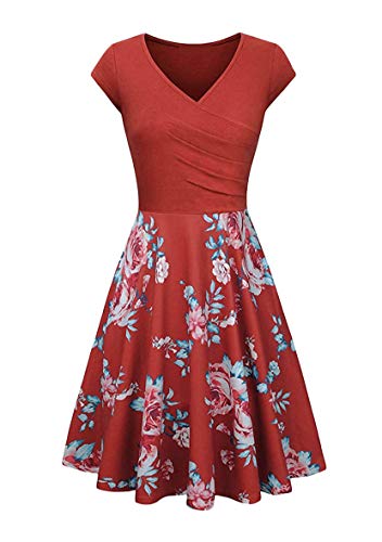 Yming Damen Casual Kurzarm Kleid Vintage Swing Kleid V-Ausschnitt Kleid Blumen/Orange L von Yming