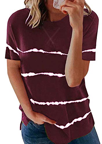 Yming Damen Casual Kurzarm Shirt Gestreift Bedrucktes Sommerhemd Rundhals Top Bordeaux XXL von Yming