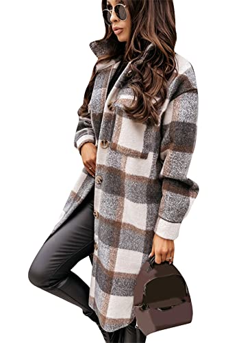 Yming Damen Casual Lang Lumberjack Kariert Vintage Lose Jacke Übergröße Bluse Mit Tasche Grau XXL von Yming