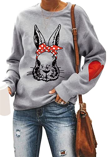 Yming Damen Casual Langarm Pullover Ostern Kaninchen Print Sweatshirts O Hals Sweatshirt Grau XXL von Yming