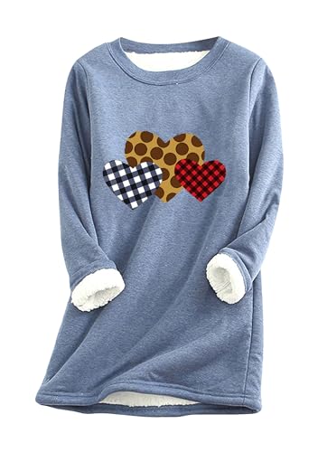 Yming Damen Casual Langarm Pullover Plüsch Fleece Heart Print Pullover Fleece Pullover Blau L von Yming