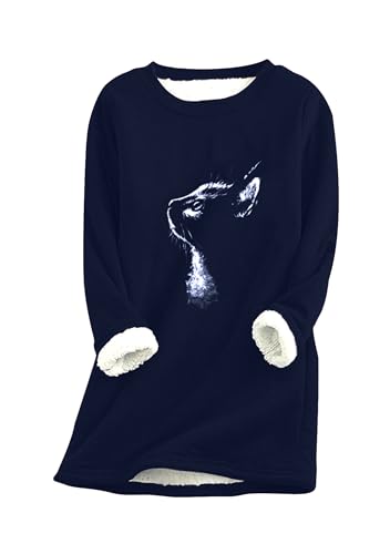 Yming Damen Katze Muster Pullover Rundhals Winter Warm Sherpa Gefüttert Pullover Fleece Sweatshirt Navy Blau M von Yming