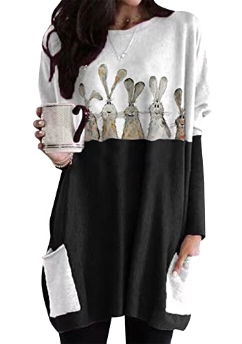 Yming Damen Casual Osternhase Sweatshirts Langarm Sweatshirts Rundhals Farbblock Sweatshirt Schwarz Fünf Hasen 3XL von Yming