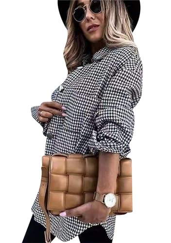 Yming Damen Casual Plaid Button Down Jacke Vintage Langarm Shirt mit Tasche Houndstooth L von Yming