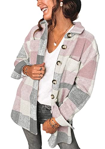 Yming Damen Casual Wolle Mischung Plaid Shirts Jacke Langarm Button Down Lose Shacket Mantel Gingham Karo Revers Shirts Jacke mit Fronttasche Rosa L von Yming