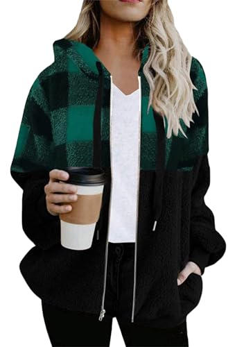 Yming Damen Casual Plaid Stylish Coat Spread Kragen Gepolstert Shaggy Kleidung Revers Wollmischung Oversized Jacke Grün M von Yming