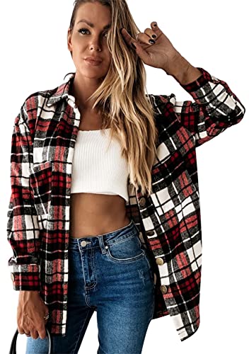 Yming Damen Casual Plaid Tartan Revers Shacket Vintage Shirt mit Tasche Langarm Jacke Dunkelrot S von Yming