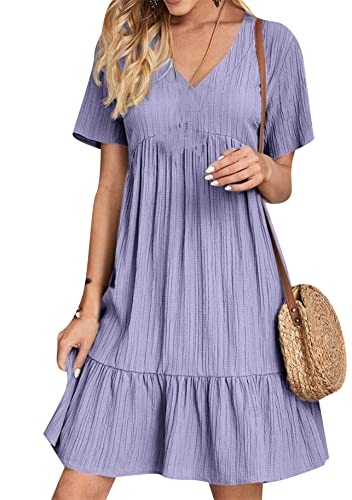 Yming Damen Casual Plissee Kleid Bohemian Swing Strandkleider V Ausschnitt Kurzarm Kleider Lila XXL von Yming