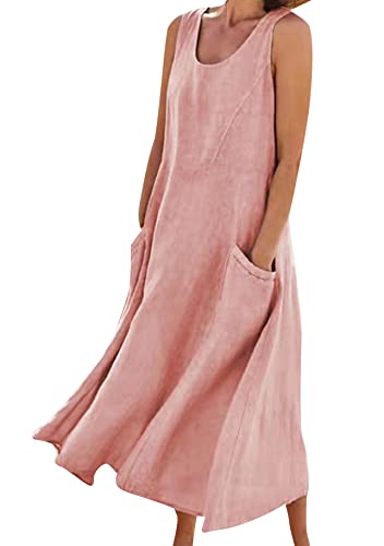 Yming Damen Casual Plus Size Tunika Kleid Baumwolle Leinen Shirt Maxikleider Lockeres Ärmelloses Vintage Kleid Rosa M von Yming