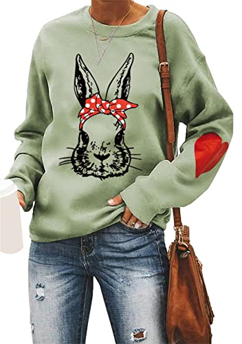 Yming Damen Casual Pullover Ostern Sweatshirt Langarm Sweatshirts Hasenmuster Sweatshirt Olivgrün L von Yming