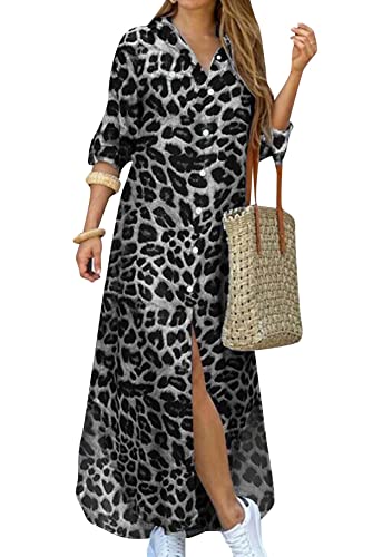 Yming Damen Casual Reverskragen Kleider Lose aufgerollte Ärmel mit Taschen Leopard Weiß M von Yming