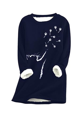 Yming Frauen Fleece Gefütterter Pullover Katzenpfotenmuster Pullover Sweatshirt Lässige Lose Pullover Navy Blau 3XL von Yming