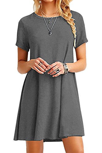 Yming Damen Casual Rundhals Kleid Basic Tunikakleid Kurzarm Langes Shirt Kleid Grau XXL/DE 44 von Yming