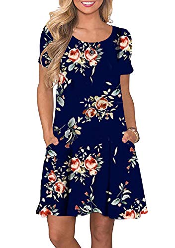 Yming Damen Casual Rundhals Kleid Lose Kurzarm Blumenkeid Mini Kleid mit Taschen Navy Blau Rose 5XL von Yming