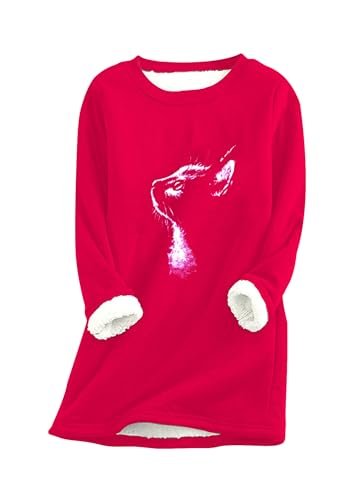 Yming Damen Casual Plüsch Winter Pullover Fleece Rundhalsausschnitt Pullover Tops Sweatshirt Rot XXL von Yming