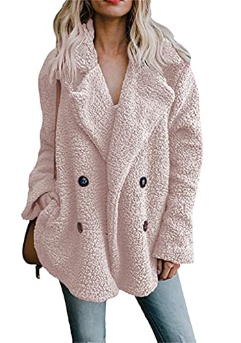 Yming Damen Casual Shearling Lmitat Teddy Fleece Jacke Flauschige Zweireihige Strickjacke Mit Taschen Rosa 4XL von Yming