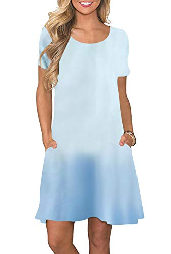 Yming Damen Casual Shirtkleid Kleid Rundhals Kleid Kurzarm Farbverlauf Minikleid JB-Hellblau XXS/DE 32 von Yming