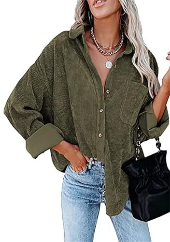 Yming Damen Casual Shirts Leichte Solid Cord Jacken Button Down Hemden Armee Grün 3XL von Yming