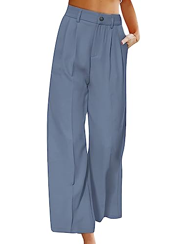 Yming Damen Casual Stretch Anzughose Weites Bein 3/4 Länge Hose Taille Lounge Hose mit Taschen und Knopf Blau 3XL von Yming