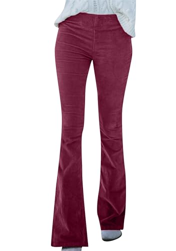 Yming Damen Casual Stretchy Pants Elastic Waist Bell Bottom Pants Corduroy Loose Trousers Weinrot 2XL von Yming
