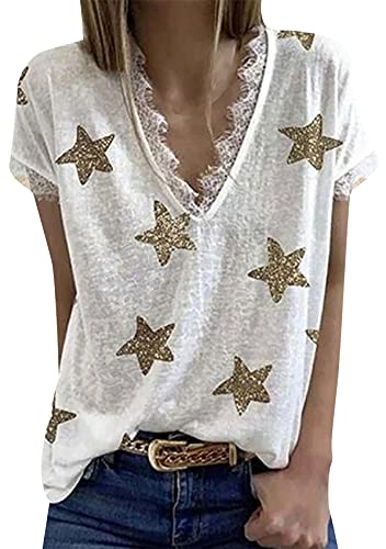 Yming Frauen Sommer Kurzarm Vneck Shirts Lose Casual T-Shirt Star Print Plus Size Boho T-Shirts Weiß XL von Yming