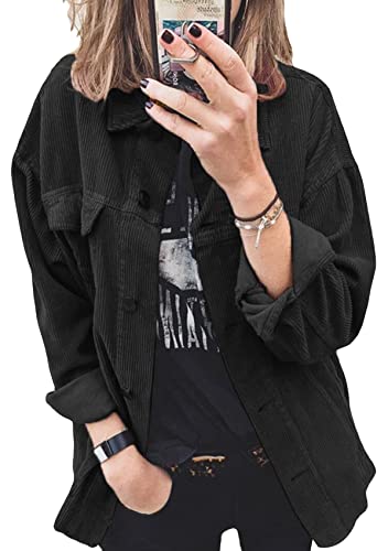 Yming Frauen Casual Fall Fluffy Jacke Lose Cord Shirt Mode Lose Oversize Cardigan Schwarz L von Yming