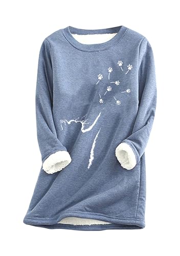 Yming Damen Cat Paw Pattern Winter Warm Sherpa Gefütterte Sweatshirts Weicher Rundhals Fleece Pullover Blau XL von Yming