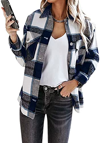 Yming Damen Checked Flanell Jacke Button Down Hemdbluse Langarm Karo Boyfriend Blusenshirt Blau Schwarz M von Yming