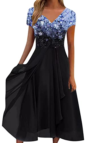 Yming Damen Chiffon Ballkleider Langes Florales Ballkleid Formelles Kleid Patchwork Partykleid Blau Schwarz L von Yming