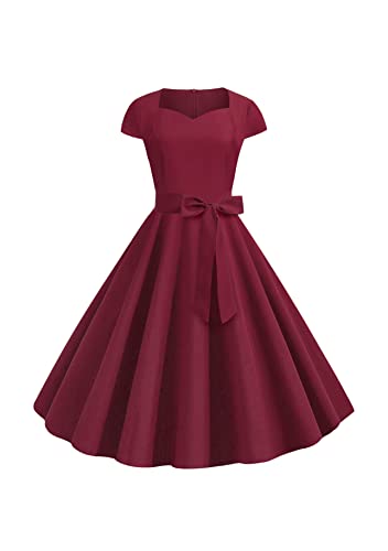 Yming Damen Cocktail Abendkleid Rockabilly Audrey Hepburn Kleid Vintage Rockabilly Kleid Herzförmiger Ausschnitt Kleid Rotwein XL von Yming
