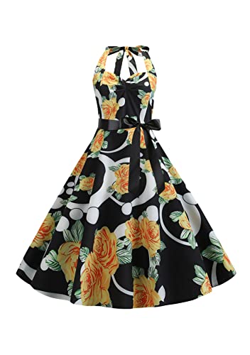 Yming Damen Cocktail Party Kleid Elegant A Linie Ballkleider Audrey Hepburn Swingkleid Ärmellos Gelb XS von Yming