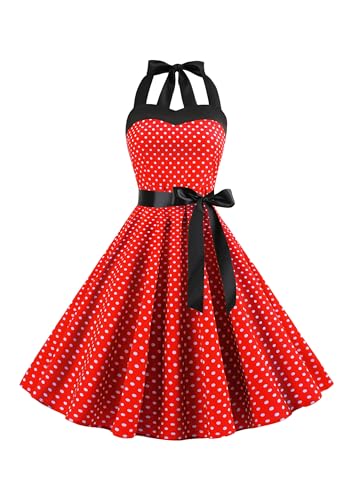 Yming Damen Elegant Slim Fit Kleid Polka Dots Vintage Kleid Party Festival Cocktailkleid Rot XL von Yming