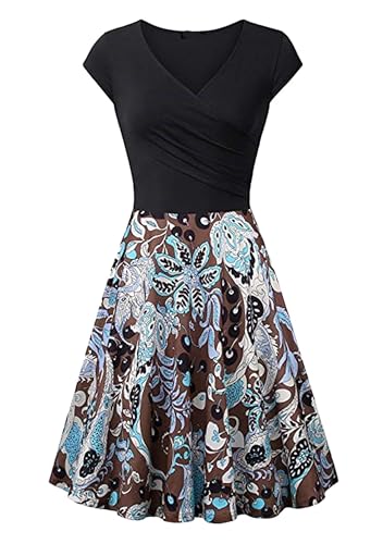 Yming Damen Cocktailkleid V-Ausschnitt Partykleid Audrey Elegant Unifarbenes Kleid Midi Kleid Braun Blumen L von Yming