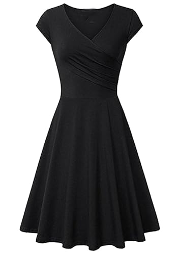 Yming Frauen Elegantes Slim Fit Partykleid Swing Hem Plisseekleid Einfarbiges Kleid Midikleid Schwarz M von Yming