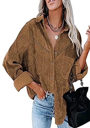 Yming Damen Cord Langarm Button Down Hemd Übergroße Jacke Tops Braun XXL von Yming